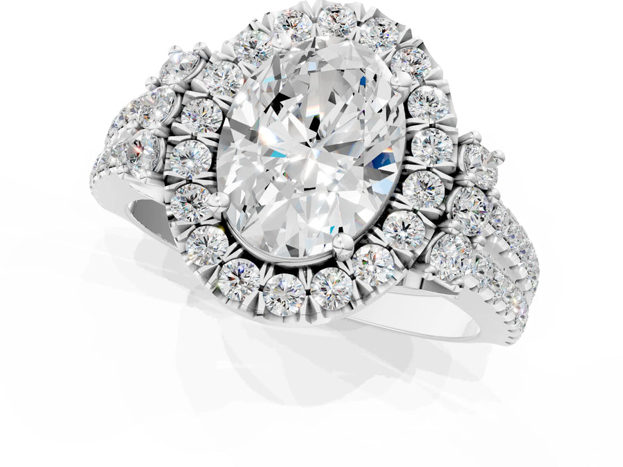 White gold Oval Cut Double Halo Diamond Engagement Ring with Pave Band and Four-Prong Setting