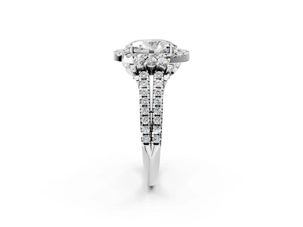 White gold Oval Cut Double Halo Diamond Engagement Ring with Pave Band and Four-Prong Setting
