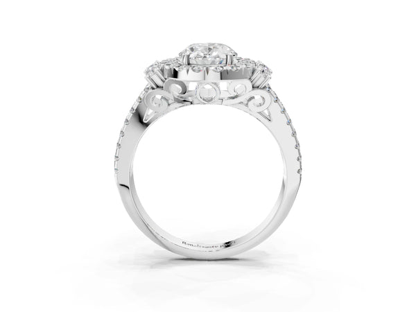 White gold Oval Cut Double Halo Diamond Engagement Ring with Pave Band and Four-Prong Setting