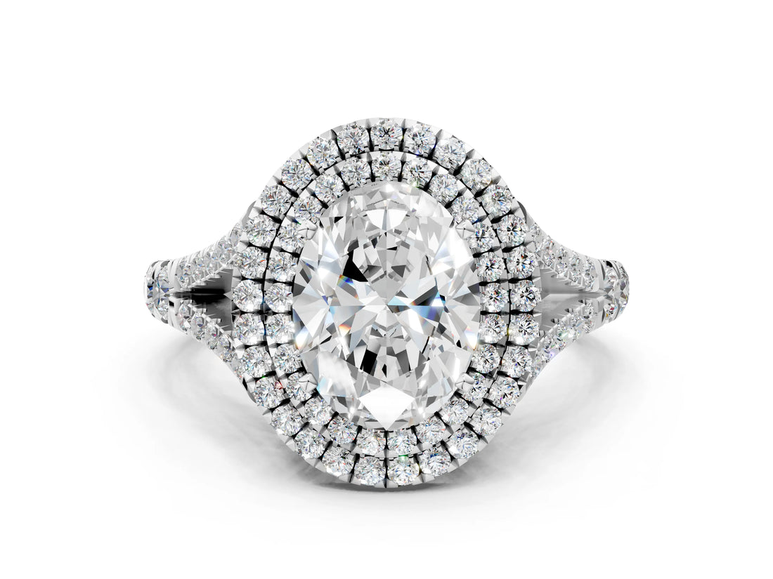 White gold Oval Cut Double Halo Split Shank Diamond Ring with Prong Setting_49