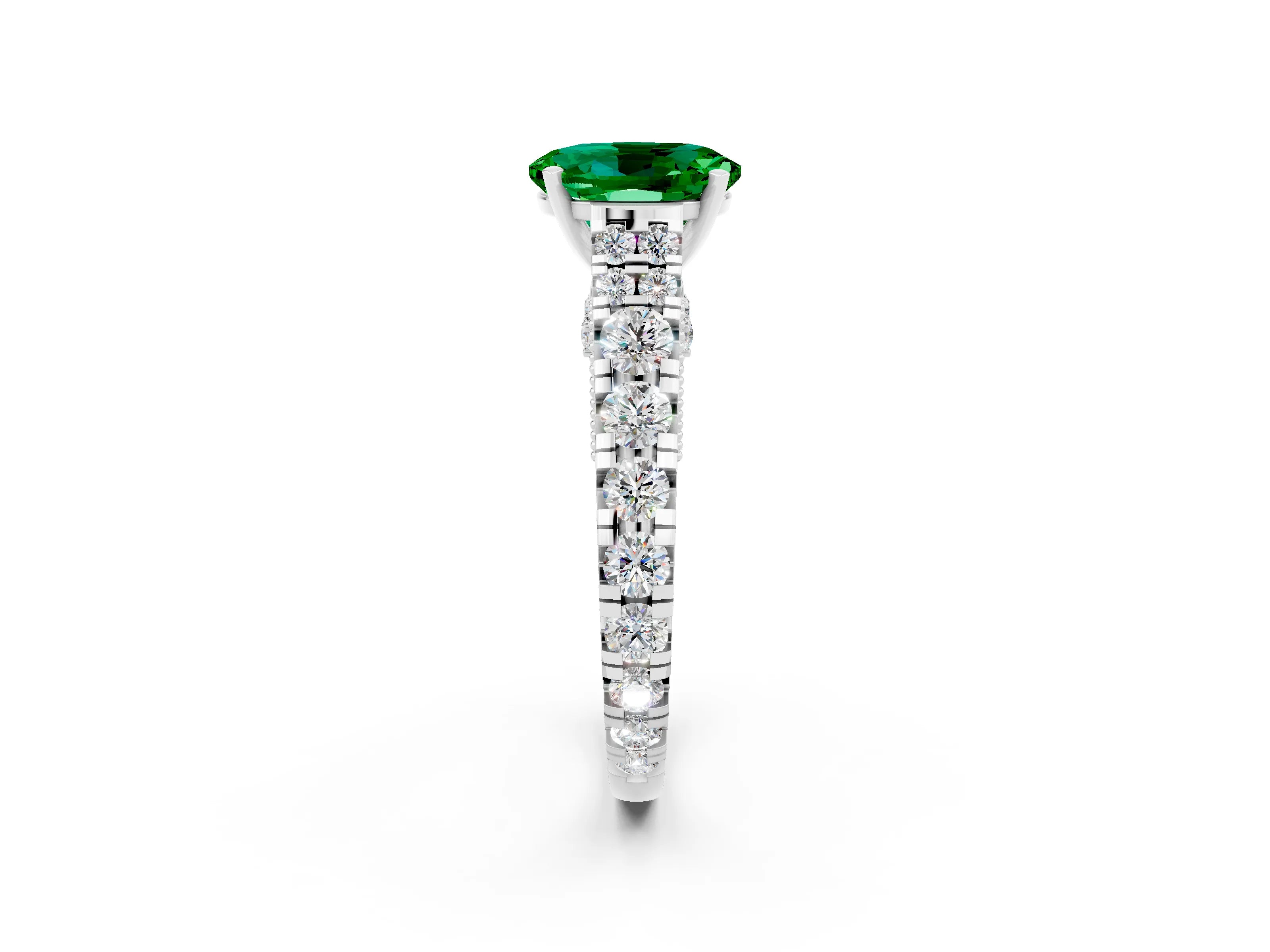 White gold Oval Cut Emerald Classic Solitaire Ring with Pavé Band and Four-Prong Setting_2