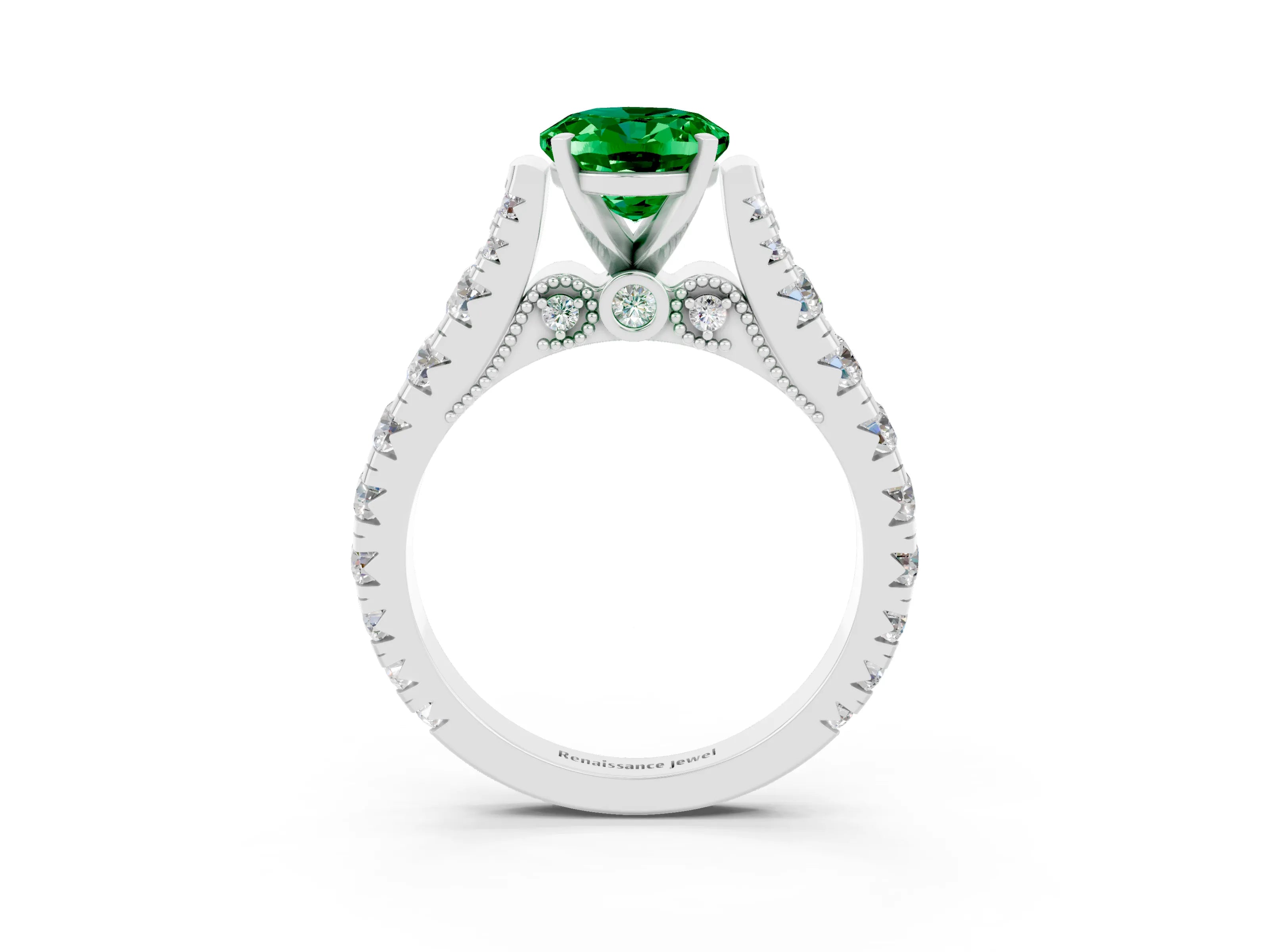 White gold Oval Cut Emerald Classic Solitaire Ring with Pavé Band and Four-Prong Setting_3