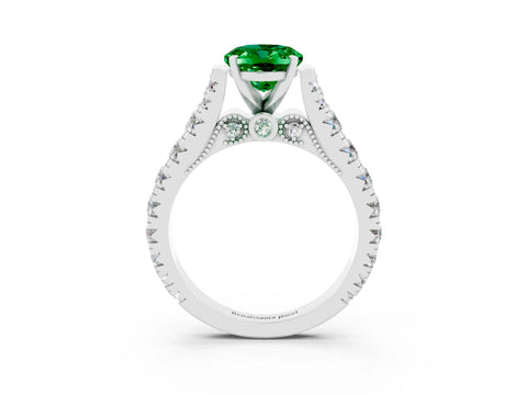White gold Oval Cut Emerald Classic Solitaire Ring with Pavé Band and Four-Prong Setting_3