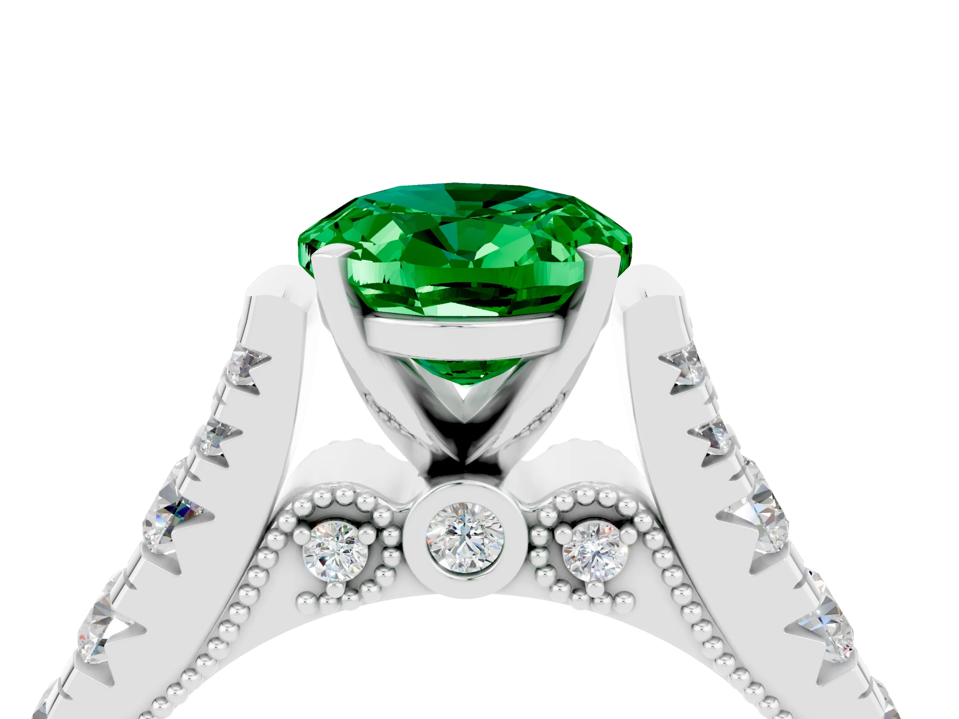 White gold Oval Cut Emerald Classic Solitaire Ring with Pavé Band and Four-Prong Setting_4