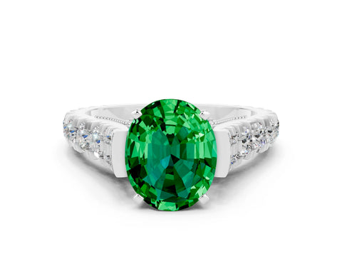 White gold Oval Cut Emerald Classic Solitaire Ring with Pavé Band and Four-Prong Setting