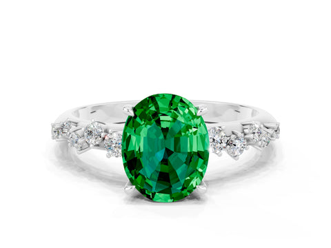 White gold Oval Cut Emerald Cluster Side Stone Solitaire Ring with Prong Setting_24