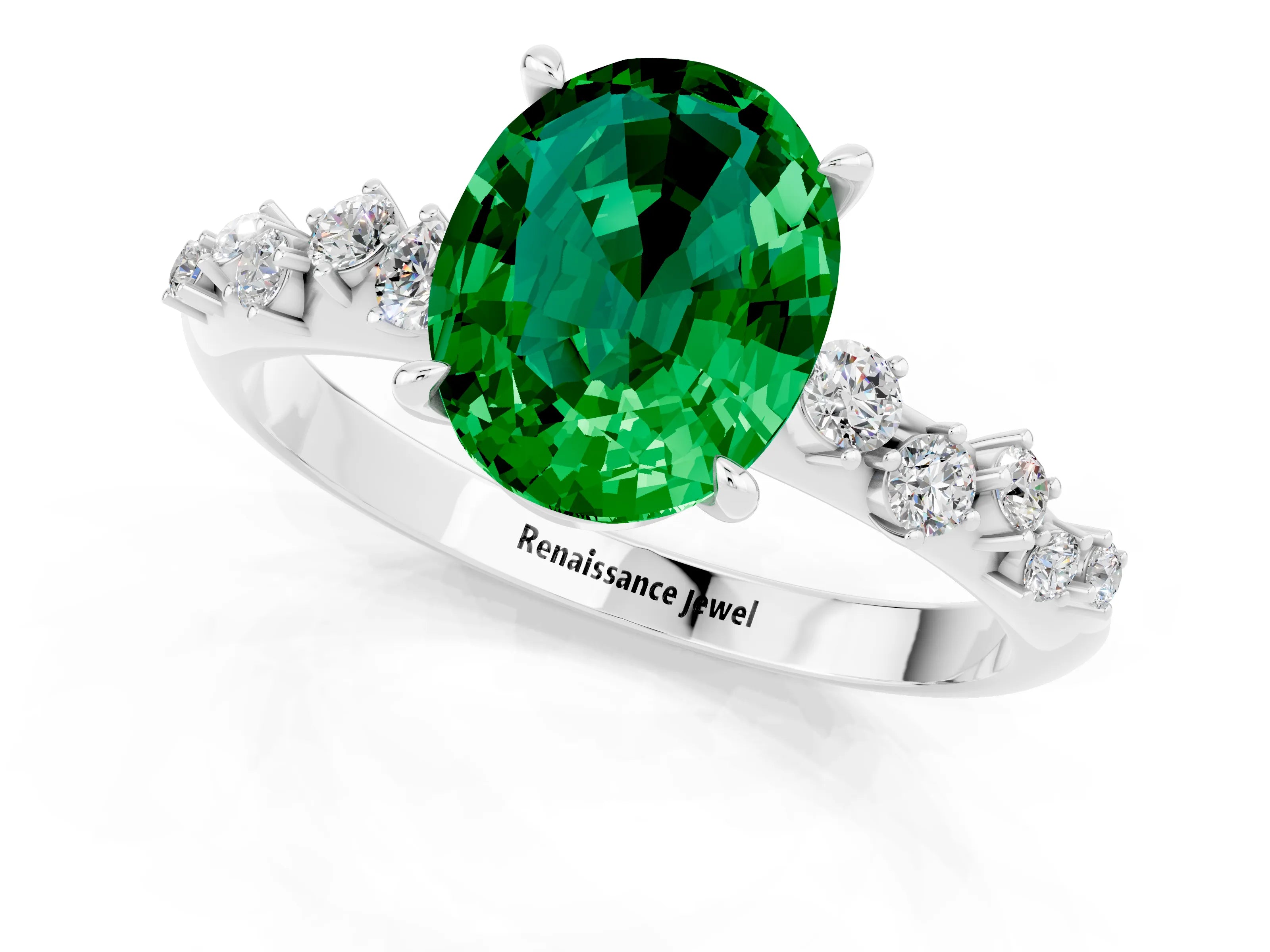 White gold Oval Cut Emerald Cluster Side Stone Solitaire Ring with Prong Setting_25