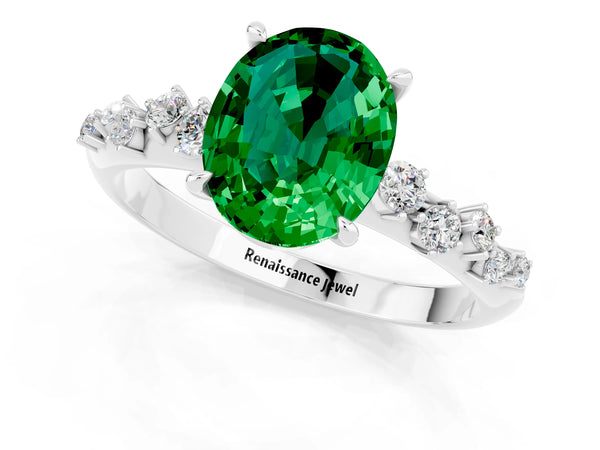 Silver Oval Cut Emerald Cluster Side Stone Solitaire Ring with Prong Setting
