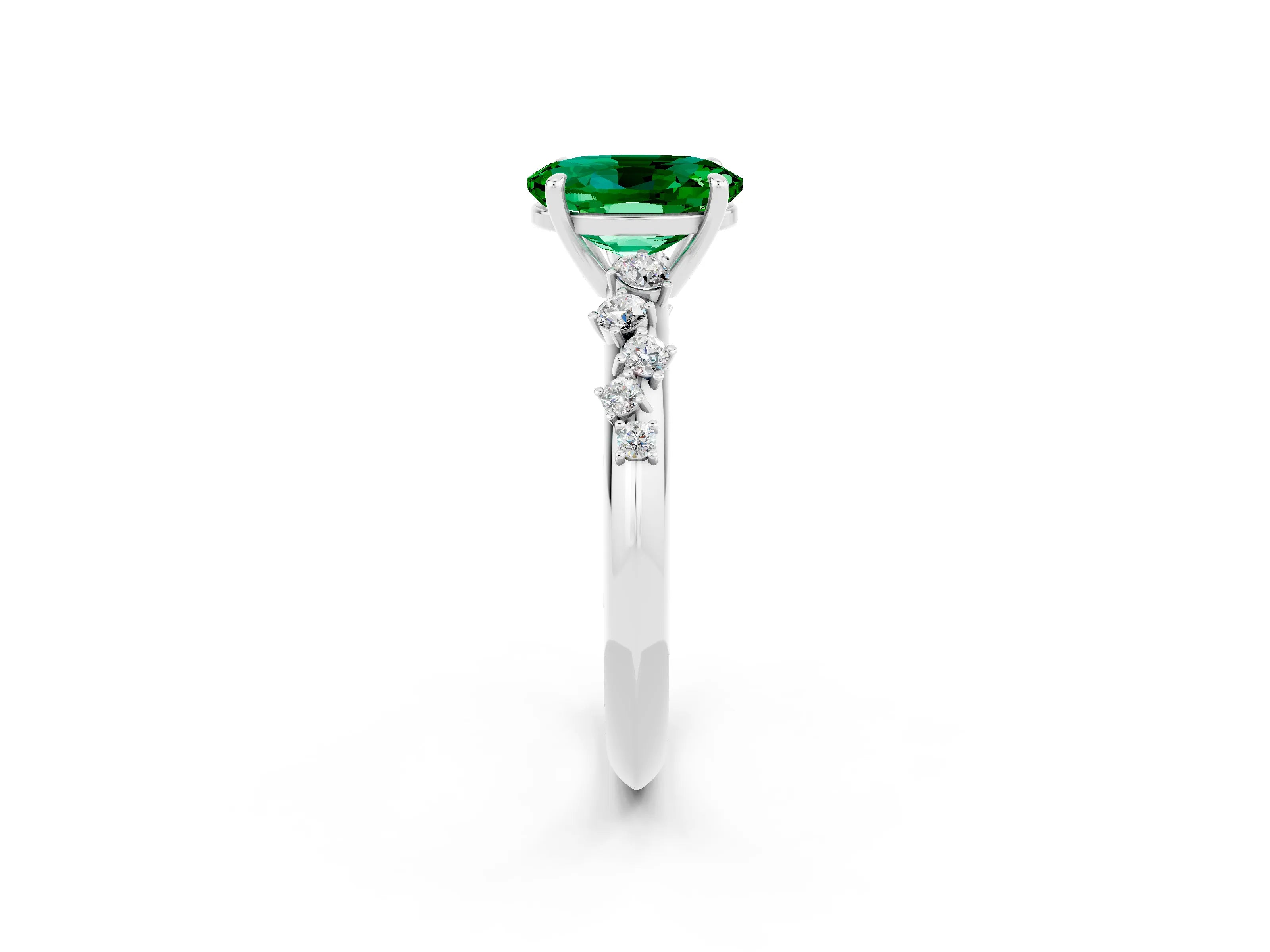 White gold Oval Cut Emerald Cluster Side Stone Solitaire Ring with Prong Setting_26