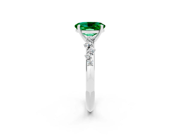 White gold Oval Cut Emerald Cluster Side Stone Solitaire Ring with Prong Setting