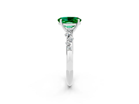 White gold Oval Cut Emerald Cluster Side Stone Solitaire Ring with Prong Setting_26