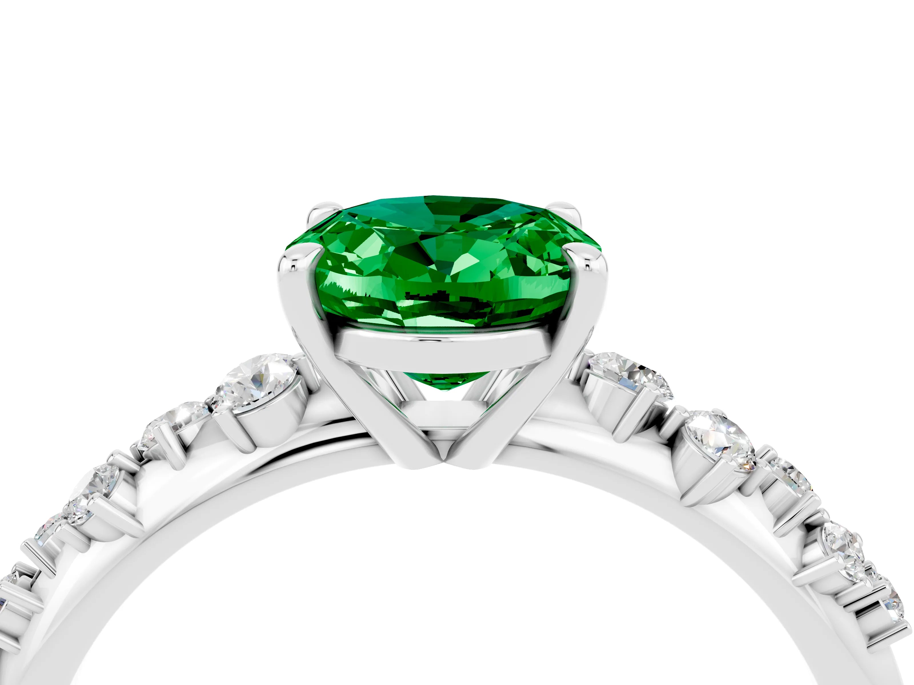 White gold Oval Cut Emerald Cluster Side Stone Solitaire Ring with Prong Setting_28