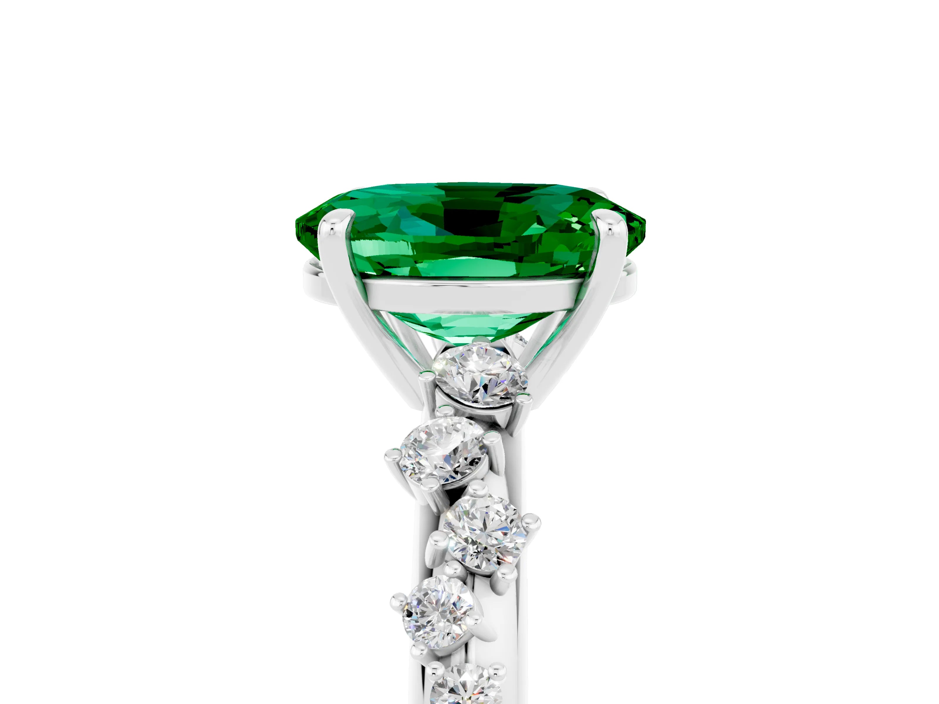 White gold Oval Cut Emerald Cluster Side Stone Solitaire Ring with Prong Setting_29