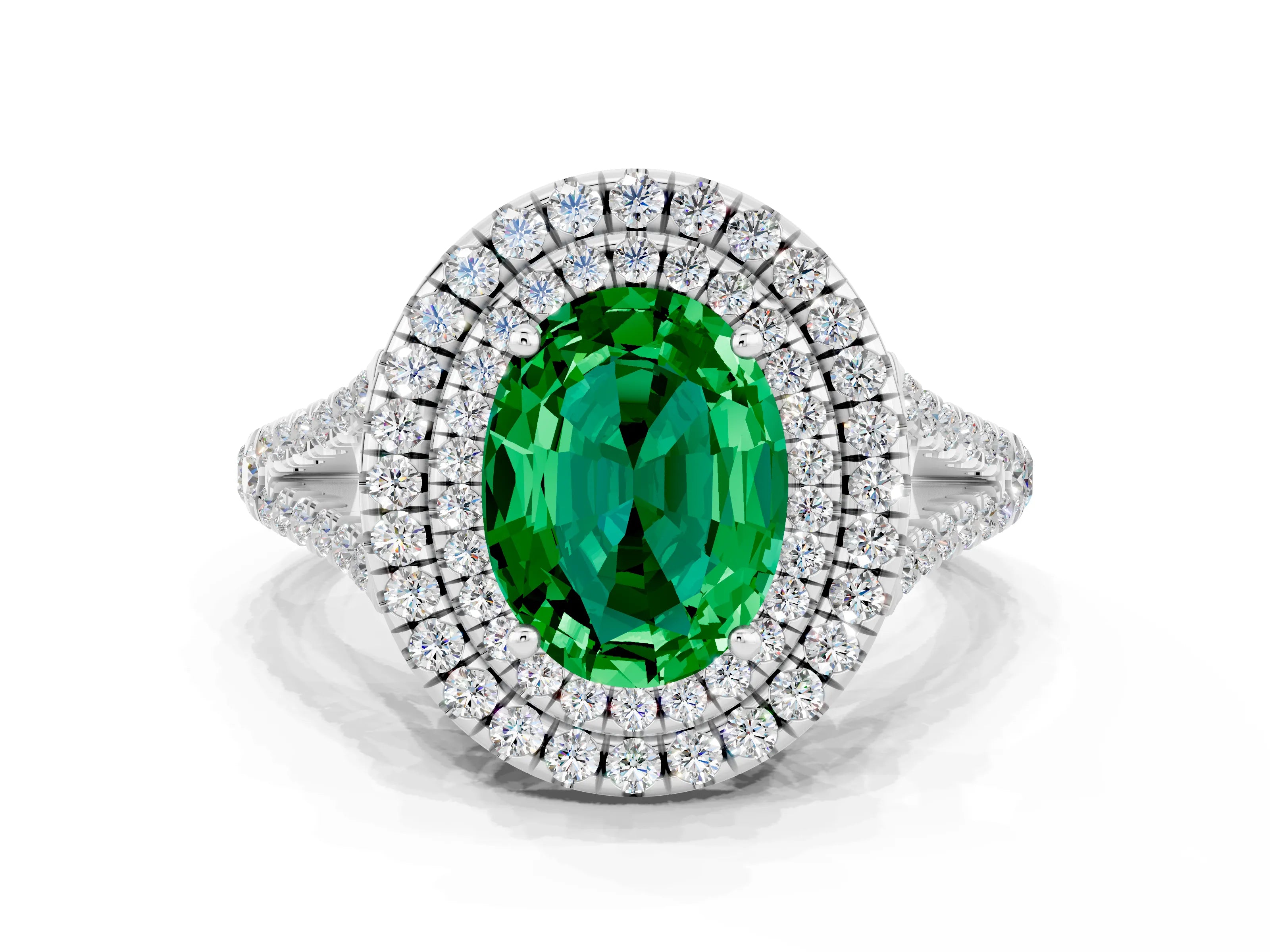 White gold Oval Cut Emerald Double Halo Ring with Pavé Band and Prong Setting_12