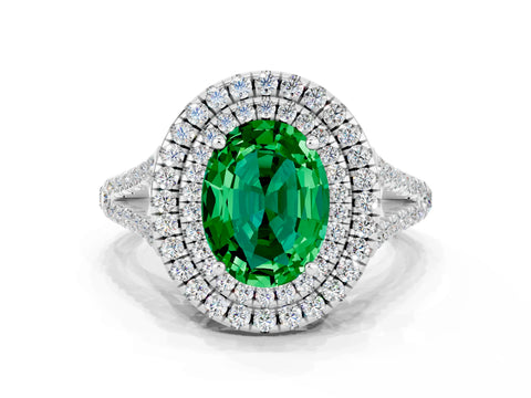 White gold Oval Cut Emerald Double Halo Ring with Pavé Band and Prong Setting_12