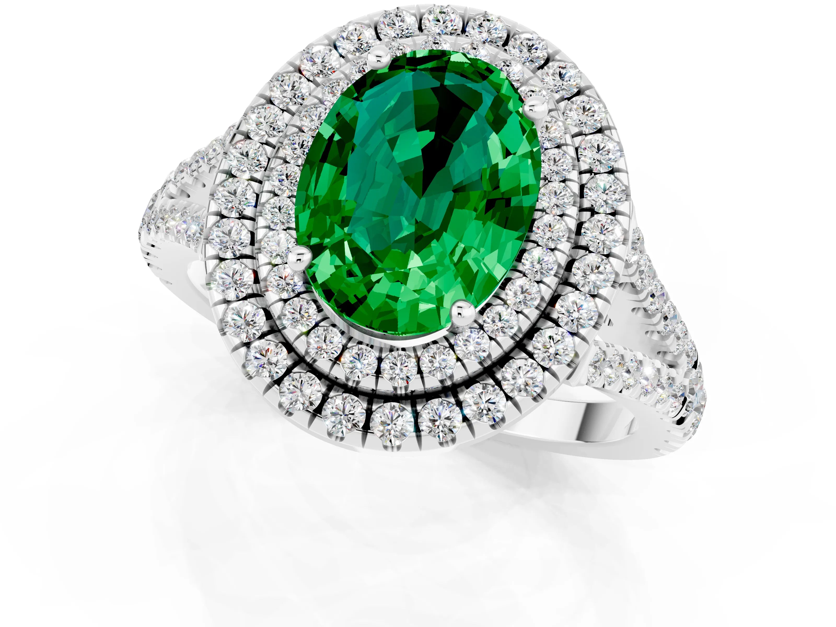 White gold Oval Cut Emerald Double Halo Ring with Pavé Band and Prong Setting_13