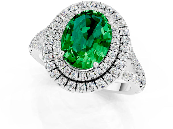 Silver Oval Cut Emerald Double Halo Ring with Pavé Band and Prong Setting