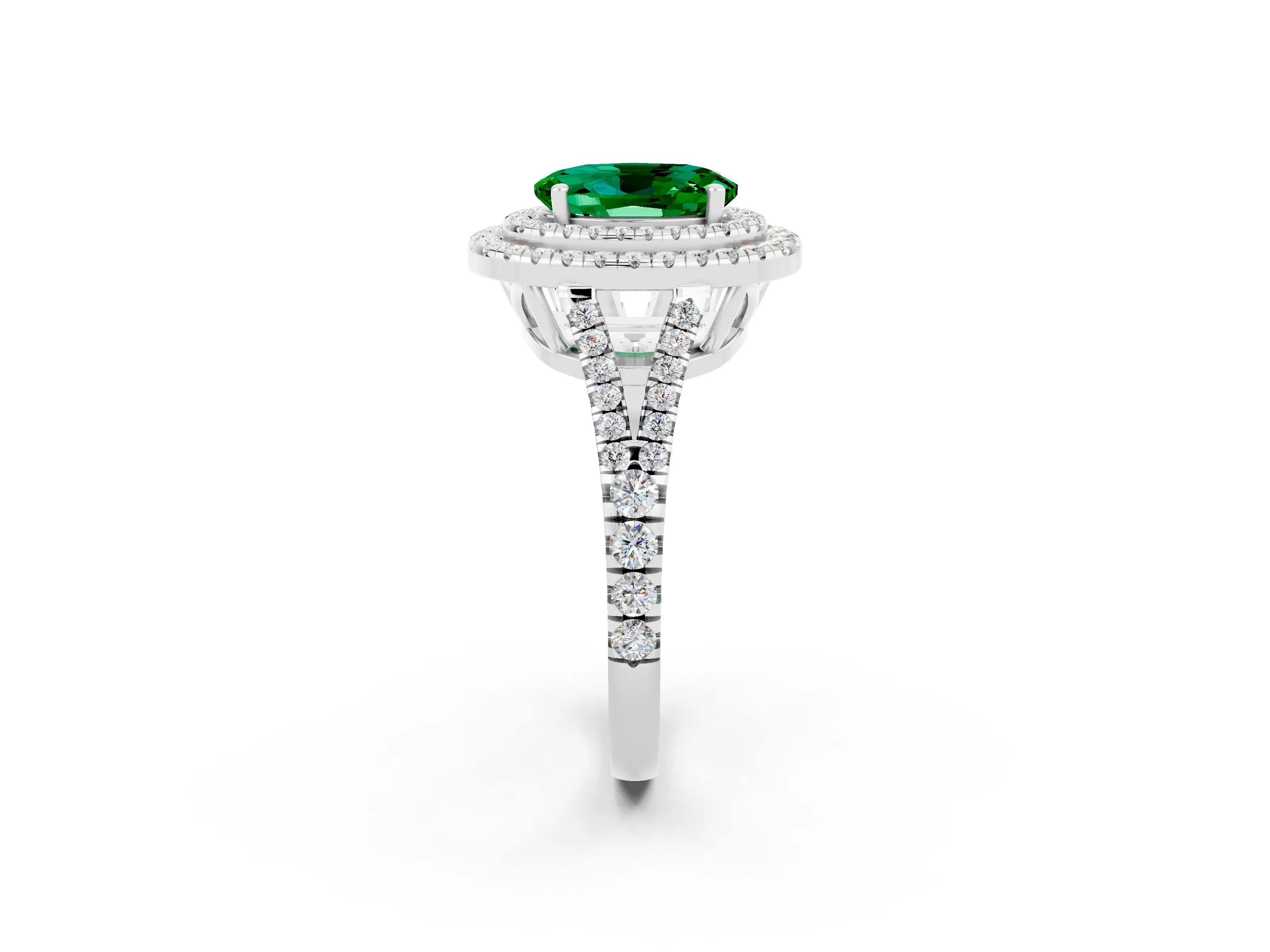 White gold Oval Cut Emerald Double Halo Ring with Pavé Band and Prong Setting_14
