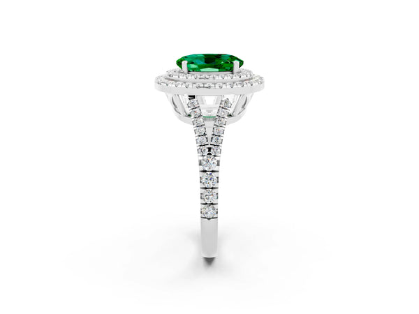 Silver Oval Cut Emerald Double Halo Ring with Pavé Band and Prong Setting