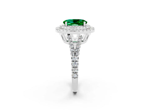 White gold Oval Cut Emerald Double Halo Ring with Pavé Band and Prong Setting_14