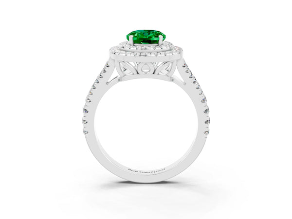 White gold Oval Cut Emerald Double Halo Ring with Pavé Band and Prong Setting