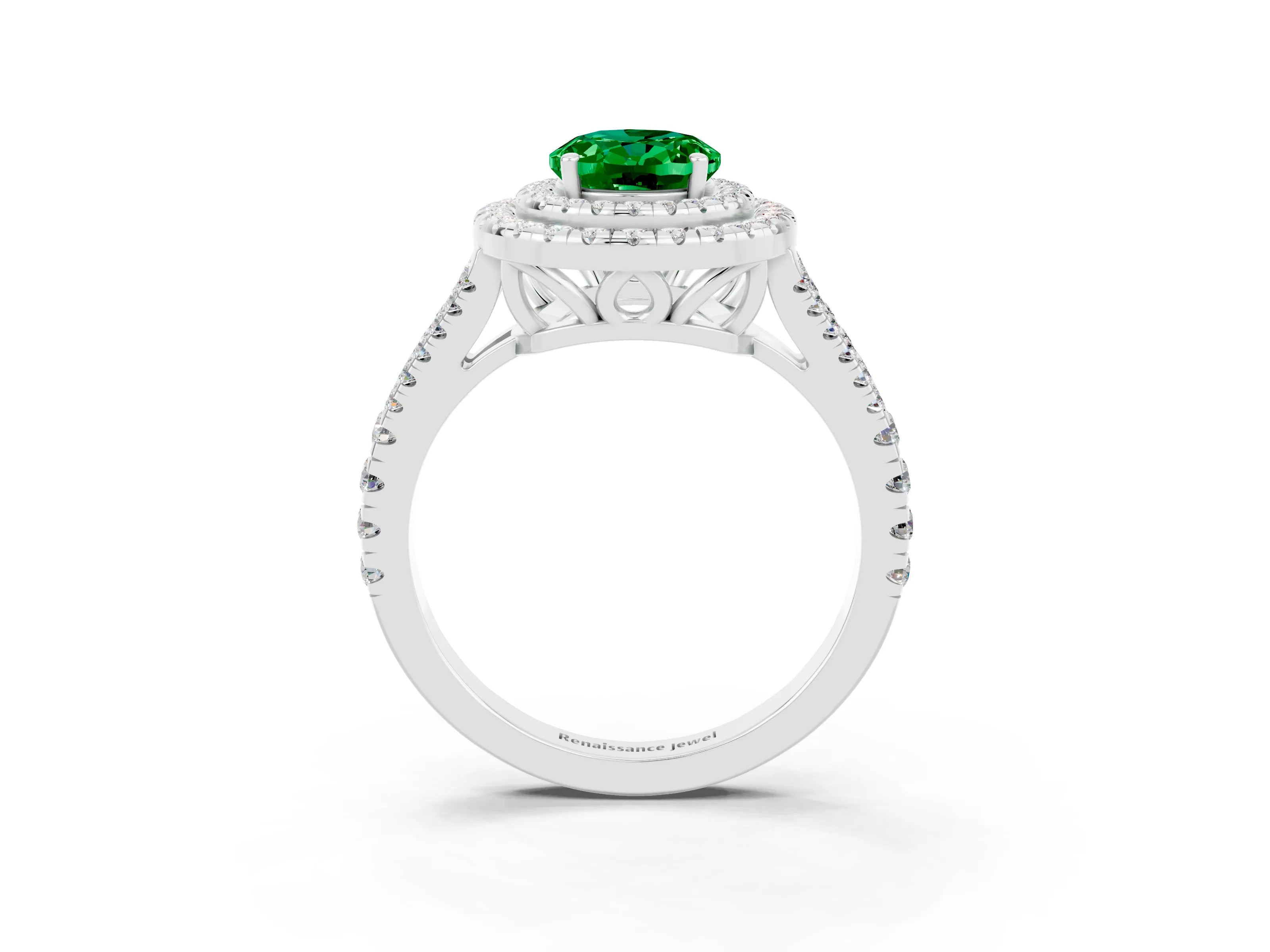 White gold Oval Cut Emerald Double Halo Ring with Pavé Band and Prong Setting_15