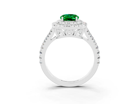 White gold Oval Cut Emerald Double Halo Ring with Pavé Band and Prong Setting_15