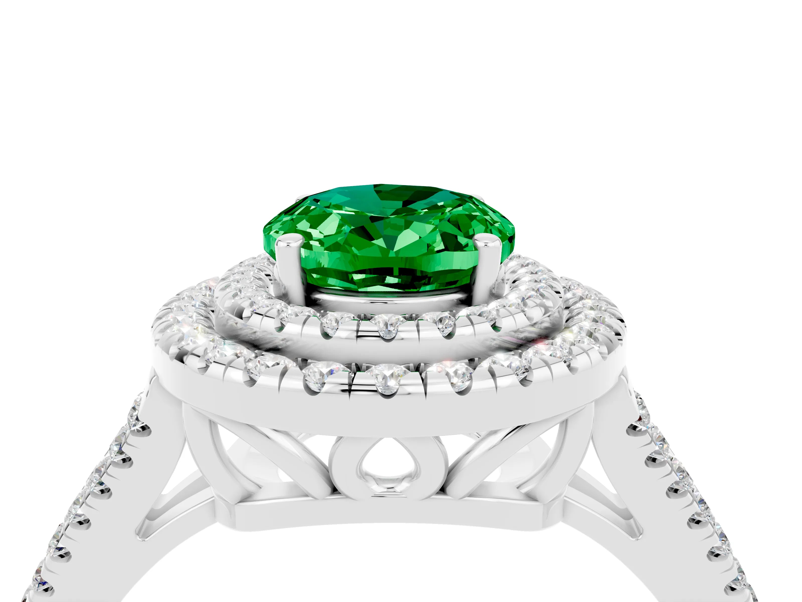 White gold Oval Cut Emerald Double Halo Ring with Pavé Band and Prong Setting_16