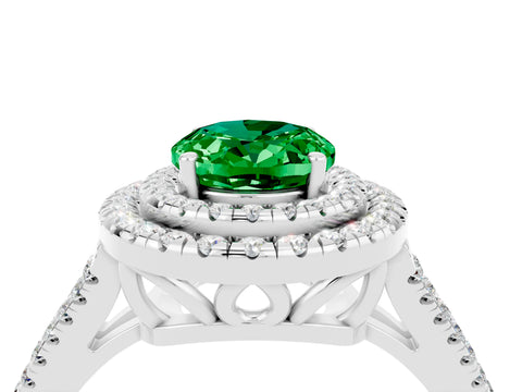 White gold Oval Cut Emerald Double Halo Ring with Pavé Band and Prong Setting_16