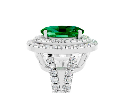 White gold Oval Cut Emerald Double Halo Ring with Pavé Band and Prong Setting_17