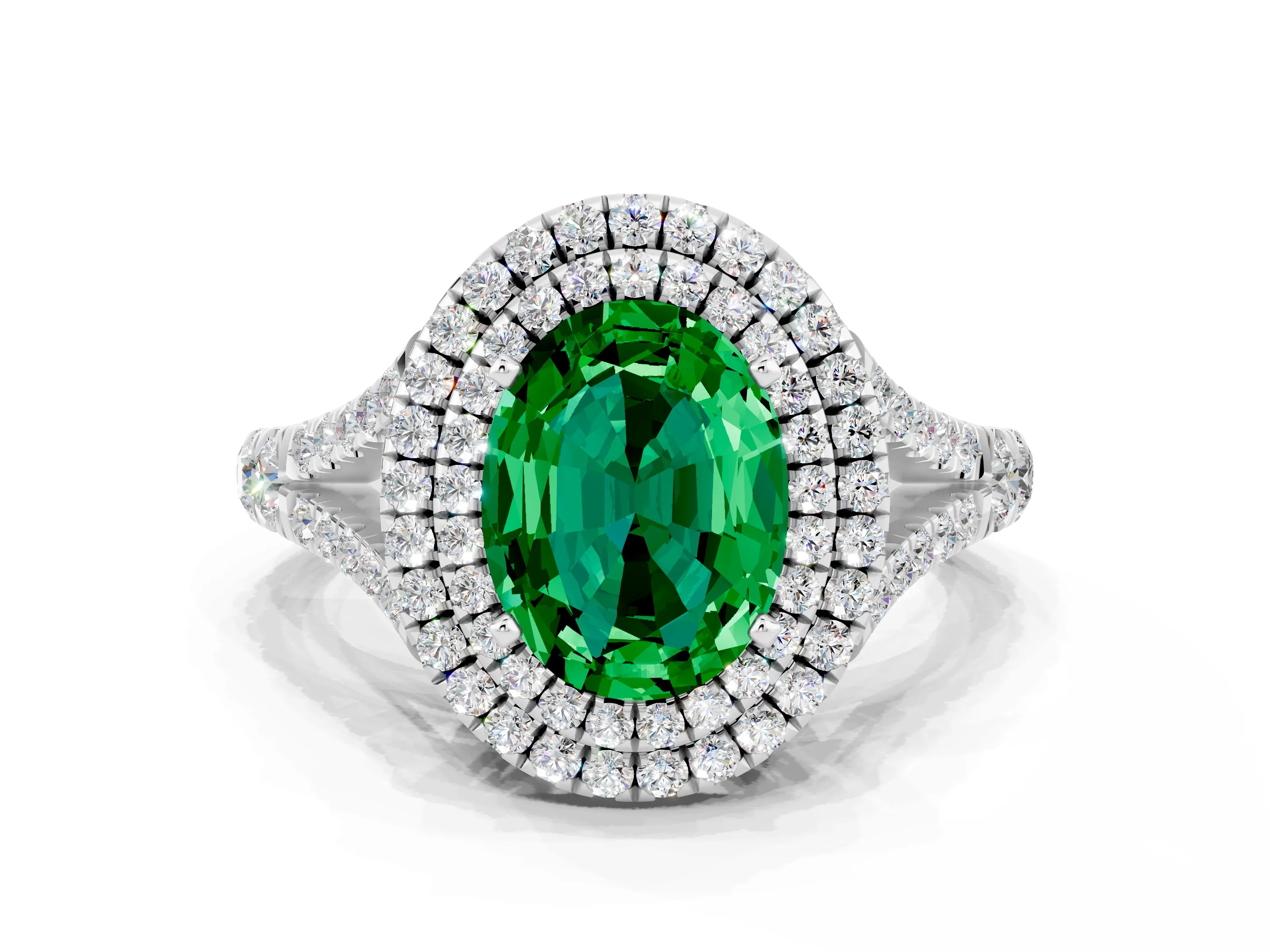 White gold Oval Cut Emerald Double Halo Ring with Split Shank and Prong Setting_12