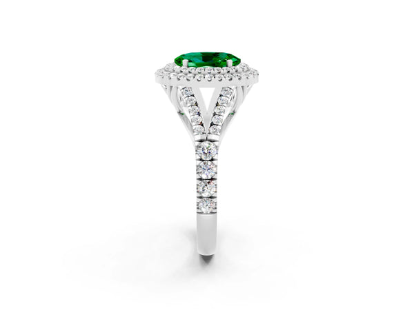 Silver Oval Cut Emerald Double Halo Ring with Split Shank and Prong Setting