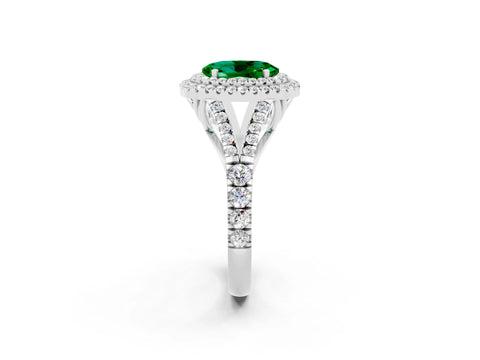 White gold Oval Cut Emerald Double Halo Ring with Split Shank and Prong Setting_14