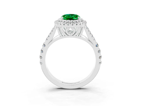 White gold Oval Cut Emerald Double Halo Ring with Split Shank and Prong Setting_15