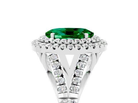 White gold Oval Cut Emerald Double Halo Ring with Split Shank and Prong Setting_17