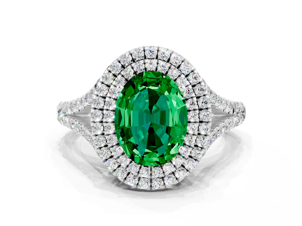 White gold Oval Cut Emerald Double Halo Ring with Split Shank and Prong Setting