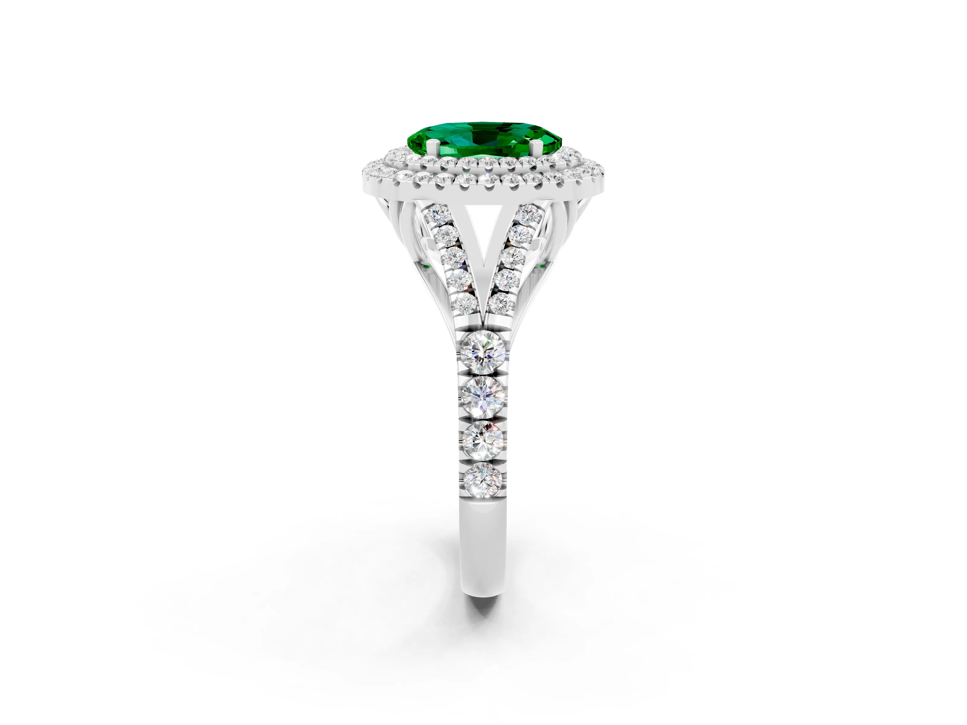 White gold Oval Cut Emerald Double Halo Ring with Split Shank and Prong Setting_26