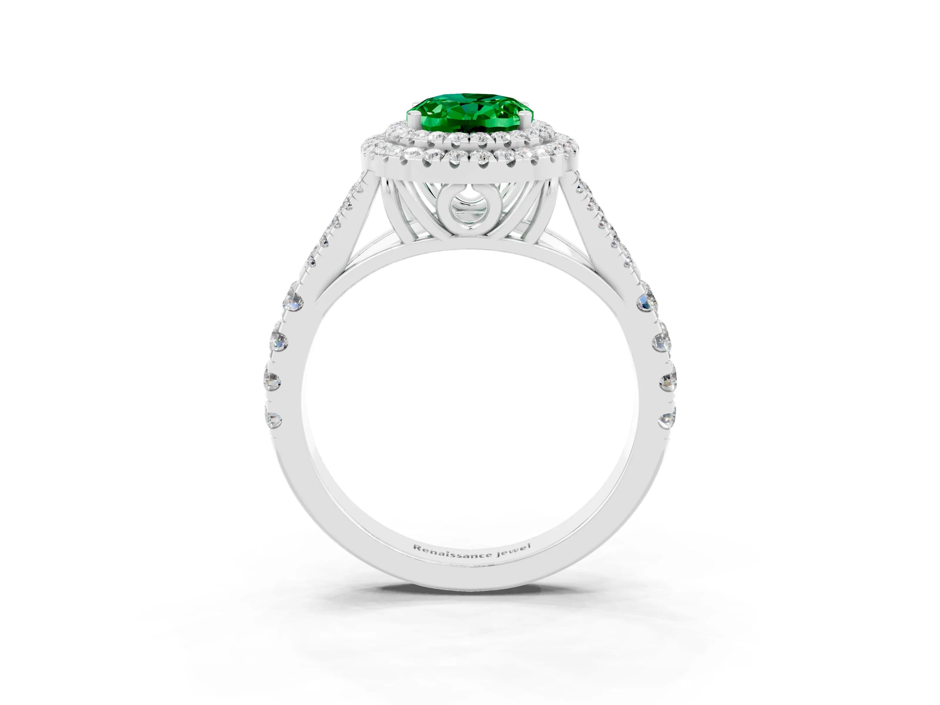 White gold Oval Cut Emerald Double Halo Ring with Split Shank and Prong Setting_27