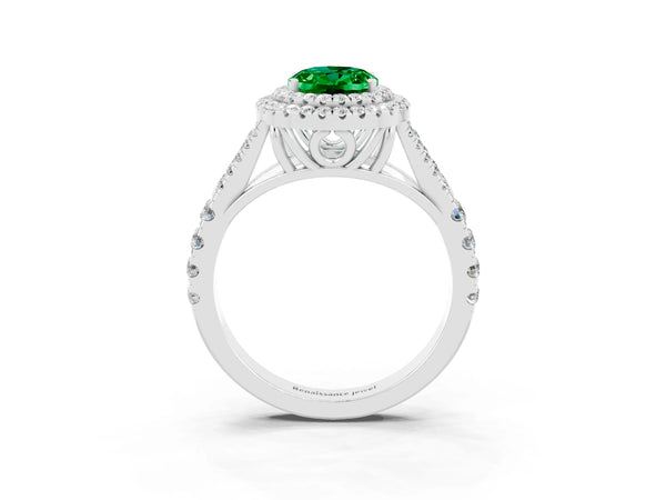 White gold Oval Cut Emerald Double Halo Ring with Split Shank and Prong Setting