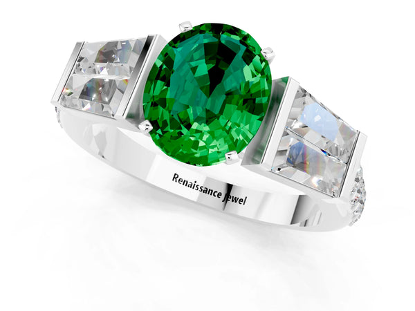 Silver Oval Cut Emerald Engagement Ring with Baguette Side Stones and Channel Set Band