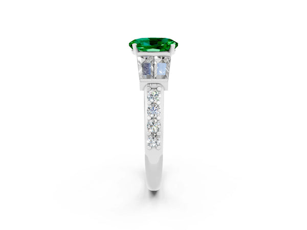 Platinum Oval Cut Emerald Engagement Ring with Baguette Side Stones and Channel Set Band