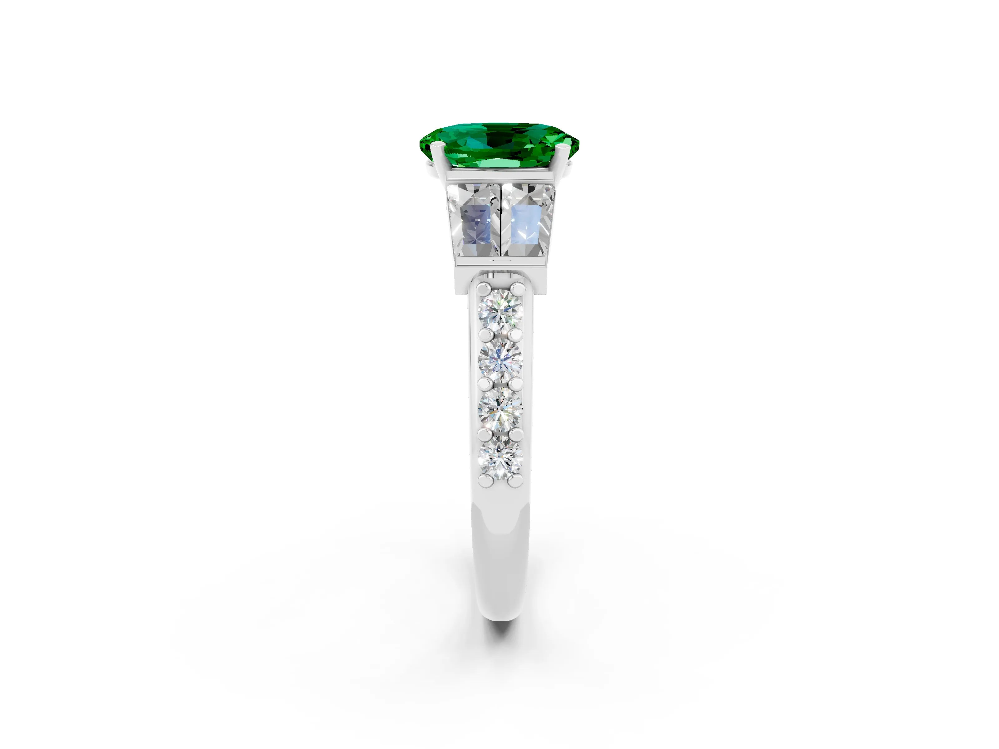 White gold Oval Cut Emerald Engagement Ring with Baguette Side Stones and Channel Set Band_2