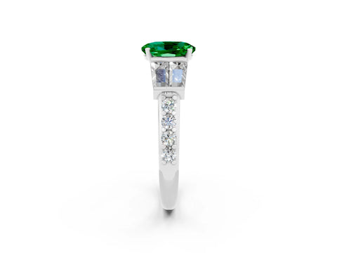 White gold Oval Cut Emerald Engagement Ring with Baguette Side Stones and Channel Set Band_2