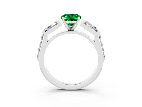 White gold Oval Cut Emerald Engagement Ring with Baguette Side Stones and Channel Set Band_3