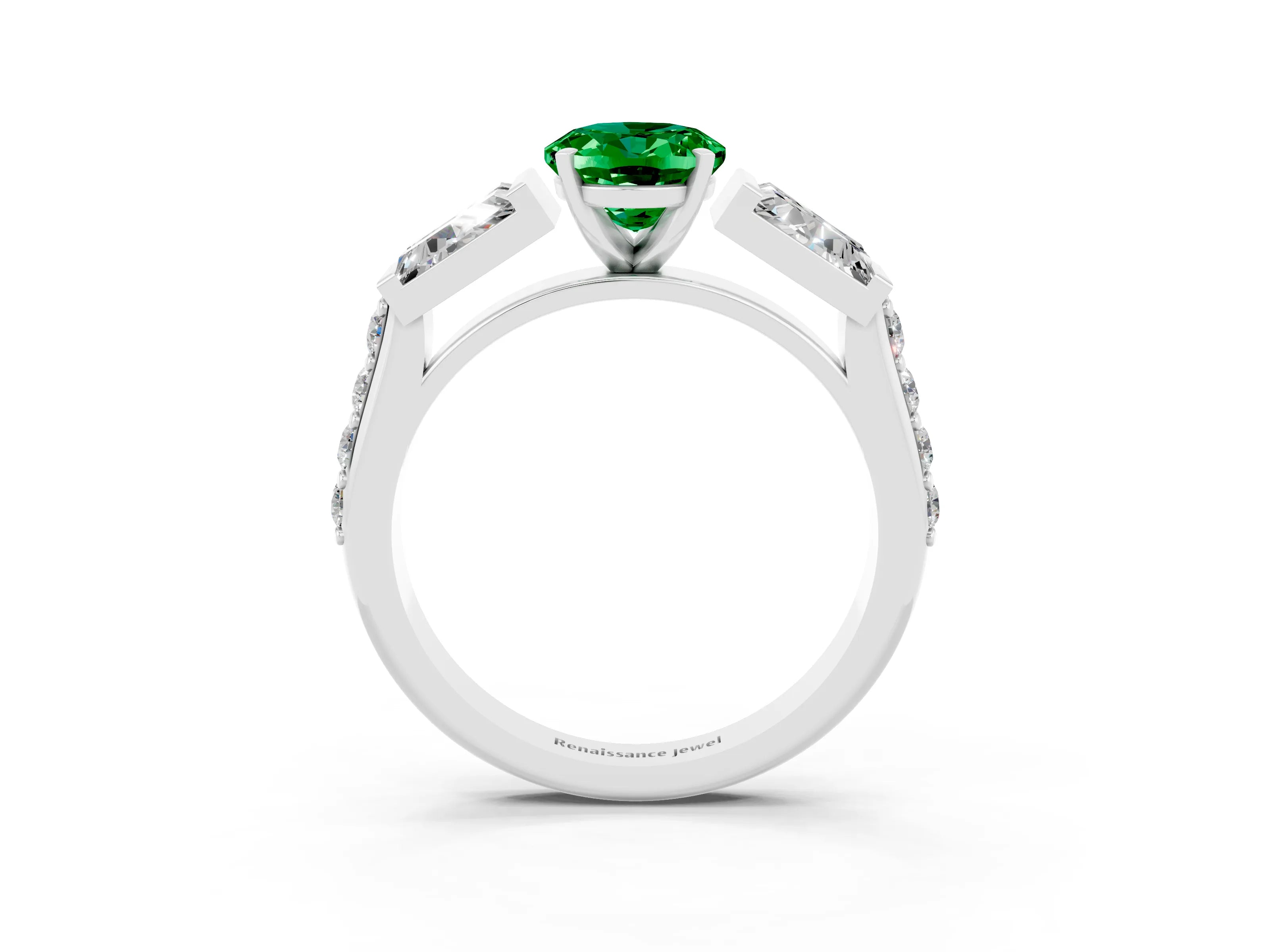 White gold Oval Cut Emerald Engagement Ring with Baguette Side Stones and Channel Set Band_3