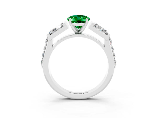 White gold Oval Cut Emerald Engagement Ring with Baguette Side Stones and Channel Set Band
