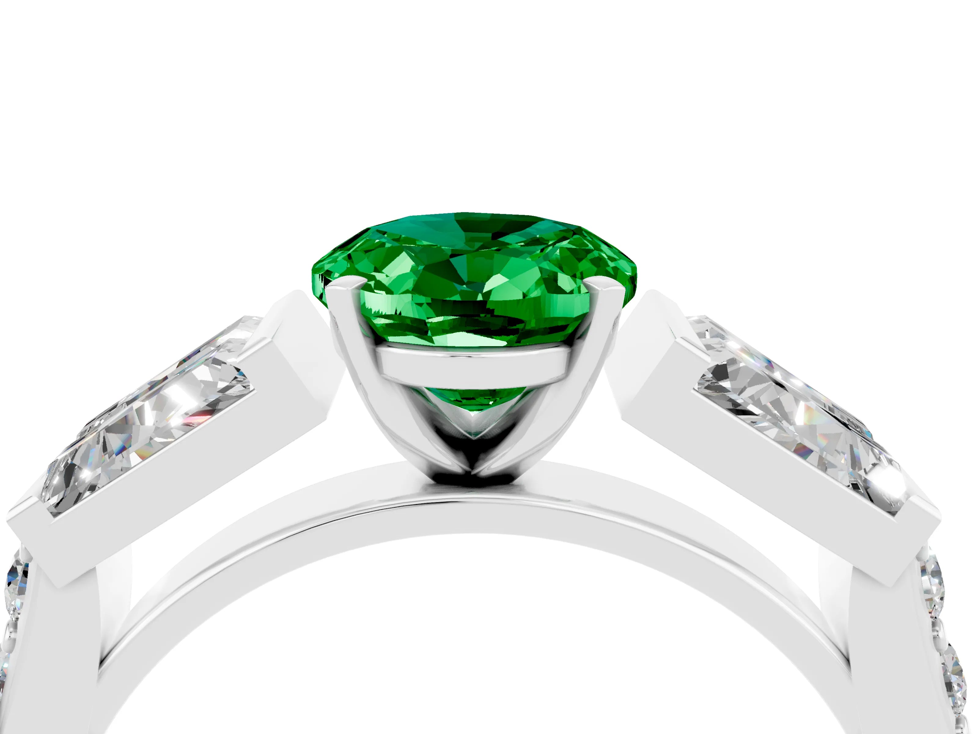 White gold Oval Cut Emerald Engagement Ring with Baguette Side Stones and Channel Set Band_4