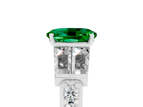 White gold Oval Cut Emerald Engagement Ring with Baguette Side Stones and Channel Set Band_5