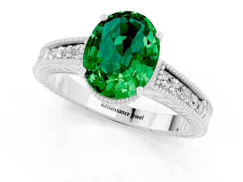 White gold Oval Cut Emerald Engagement Ring with Milgrain Channel Set Band and Prong Setting_1