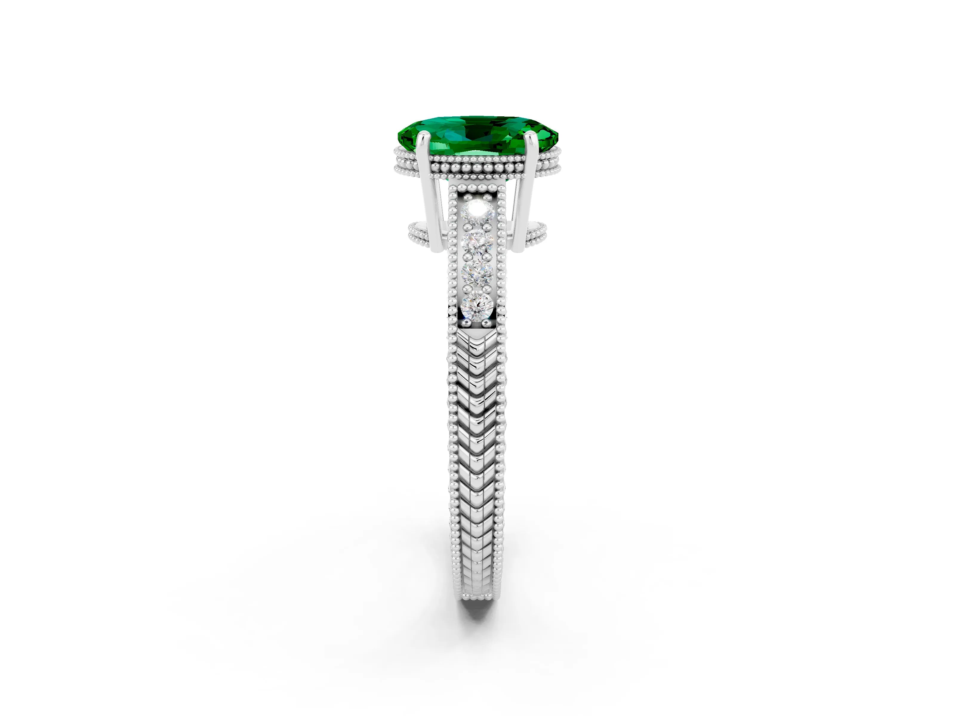 White gold Oval Cut Emerald Engagement Ring with Milgrain Channel Set Band and Prong Setting_2
